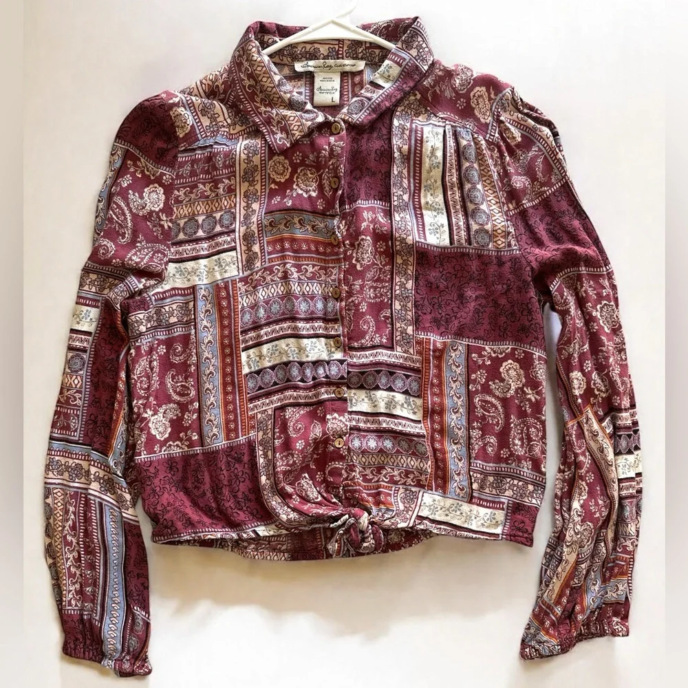 AMERICAN RAG Womens Red Printed Long Sleeve Collared Button Up Top Large - Picture 4 of 8